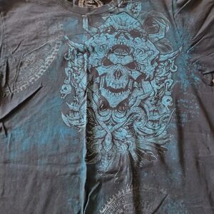 Sinister Brand Skulls Graphic T-Shirt Medium M Black Teal Y2K Grunge Affliction